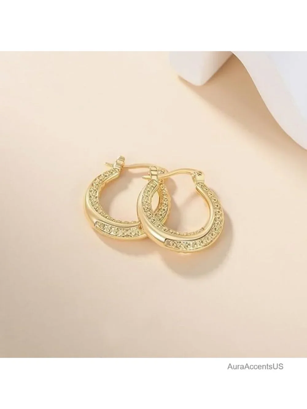 14K Gold Plated Hoop Earrings for Women Textured Bead Accents Hypoallergenic
